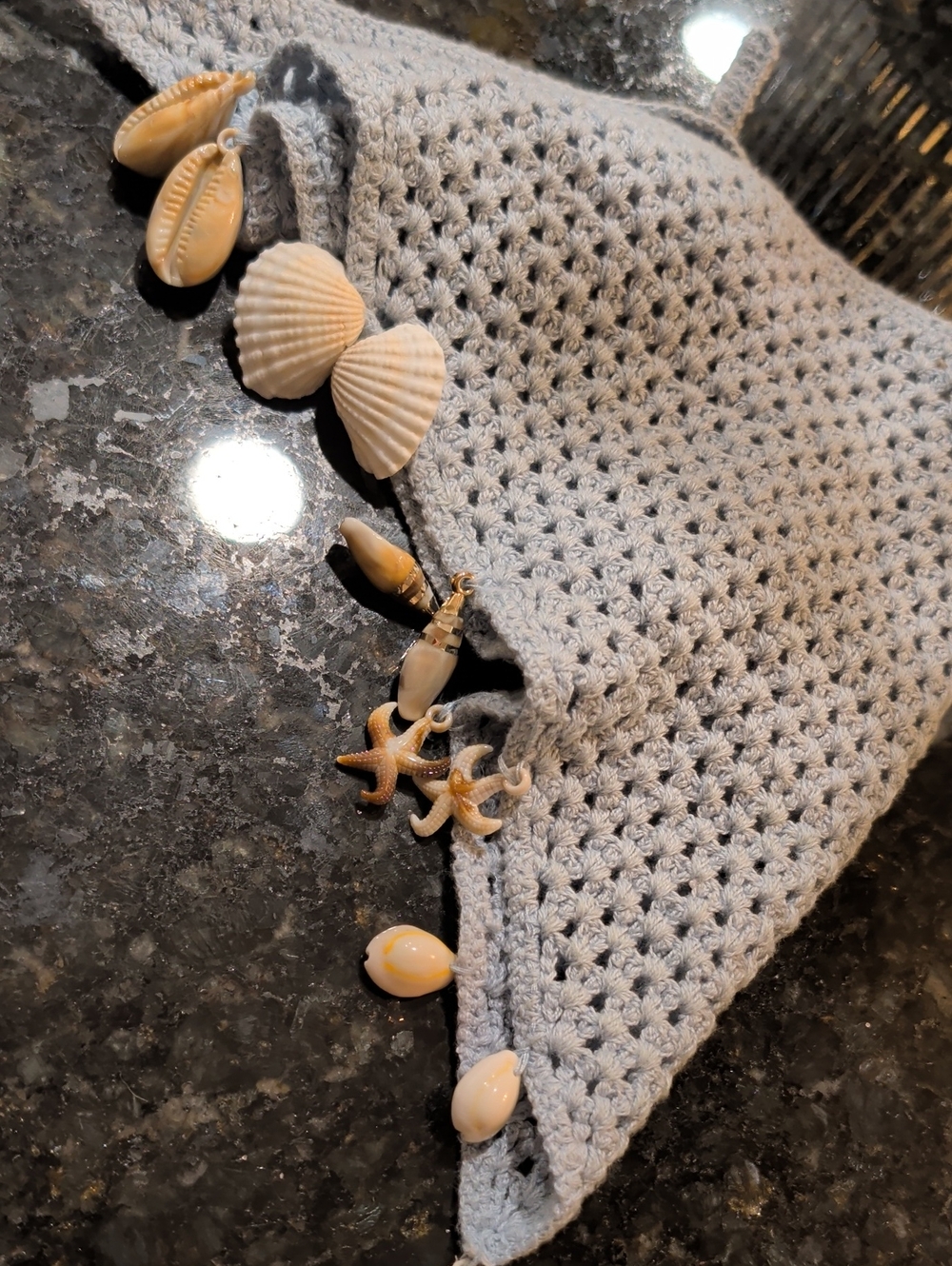 Handmade Light Blue/Gray Crochet Beach Headpiece with Seashell Charms Bandana